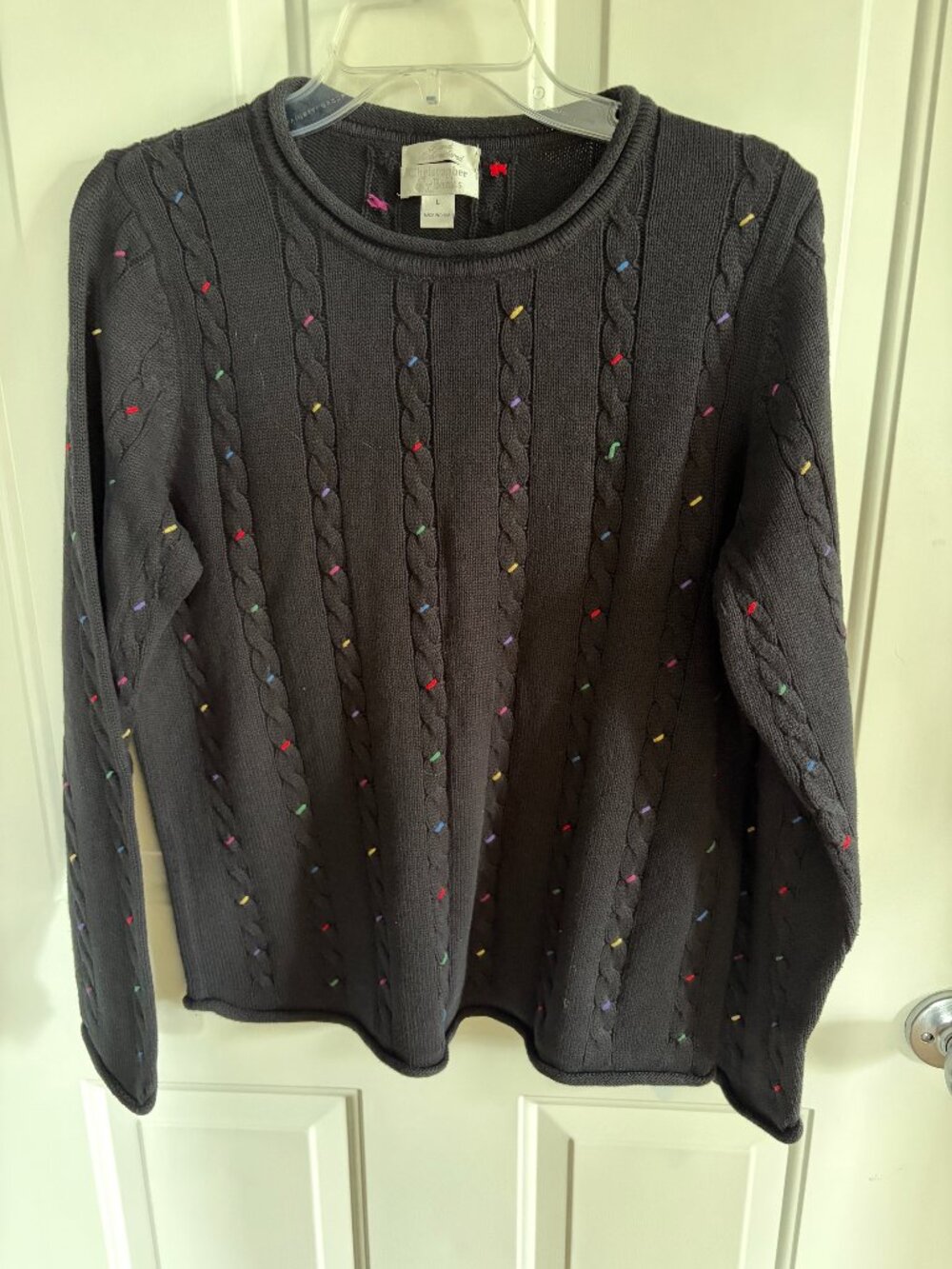 Christopher and Banks black sweater with variety of colored stitching size large